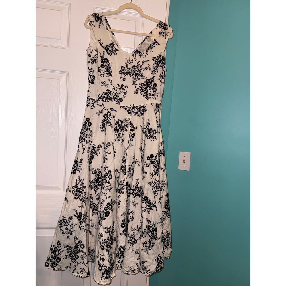 Phool Cream Black Floral Cotton Midi Dress Sleeveless V-Neck A-Line Women Medium